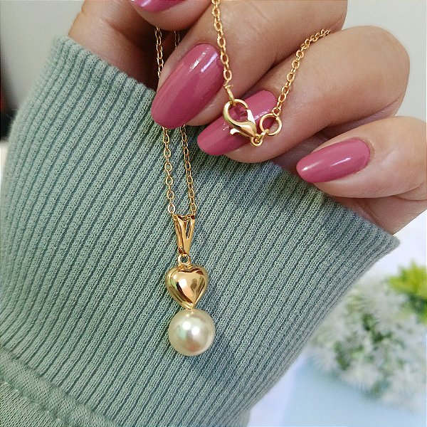 Colar Corrente Pingente Bold Coração com Pérola - Banhado a Ouro 18k
