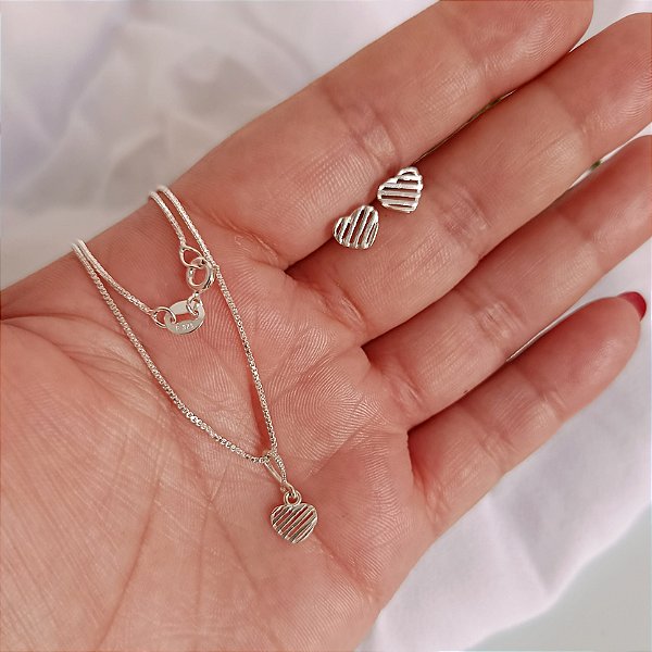 Conjunto Coração Frisado - Prata 925