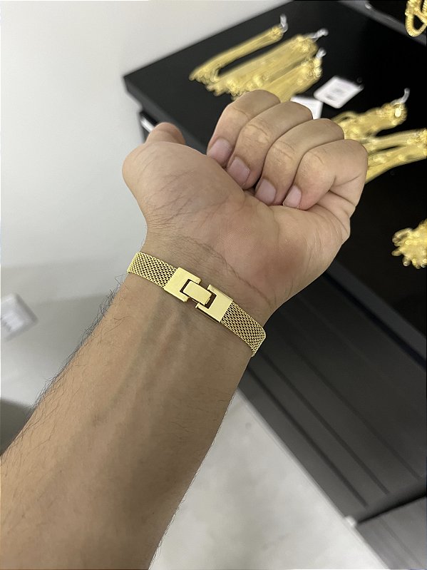 Pulseira Esteira 10mm Fecho Relógio - Banhado a Ouro