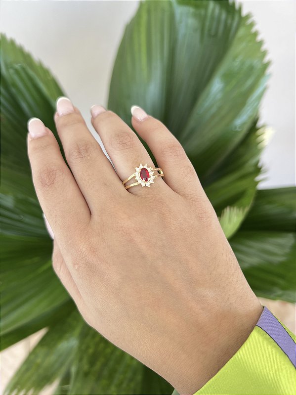 Anel Formatura Vermelho Feminino - Banhado a Ouro