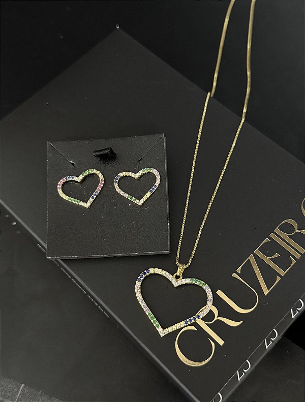 Conjunto Coração Vazado Colorido - Banhado a Ouro