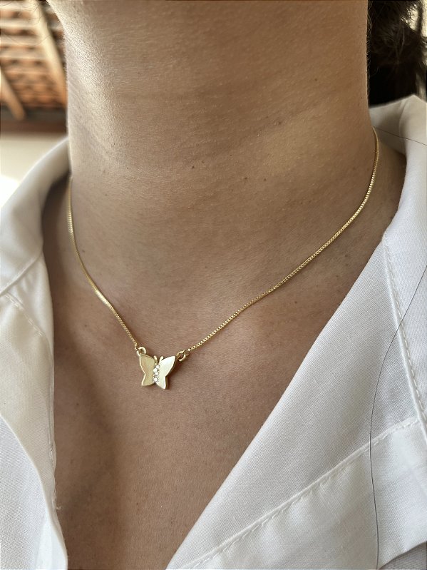 Choker Borboleta 3 Pontos - Banhado a Ouro