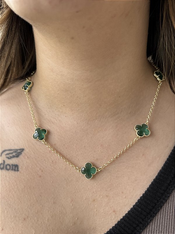 Colar 7 Trevos Verde - Banhado a Ouro