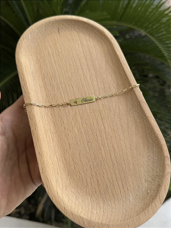 Pulseira Infantil Placa Estrela Tijolinho Personalizado - Banhado a Ouro