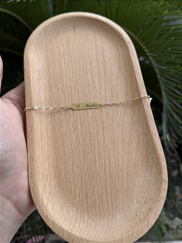 Pulseira Infantil Placa Coração Tijolinho Personalizado - Banhado a Ouro