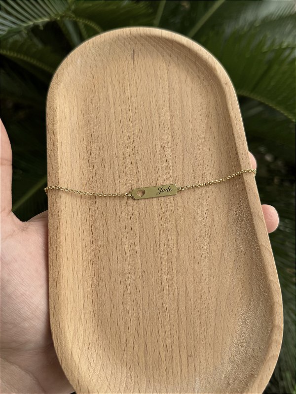Pulseira Infantil Placa Coração Elo Português Personalizado - Banhado a Ouro