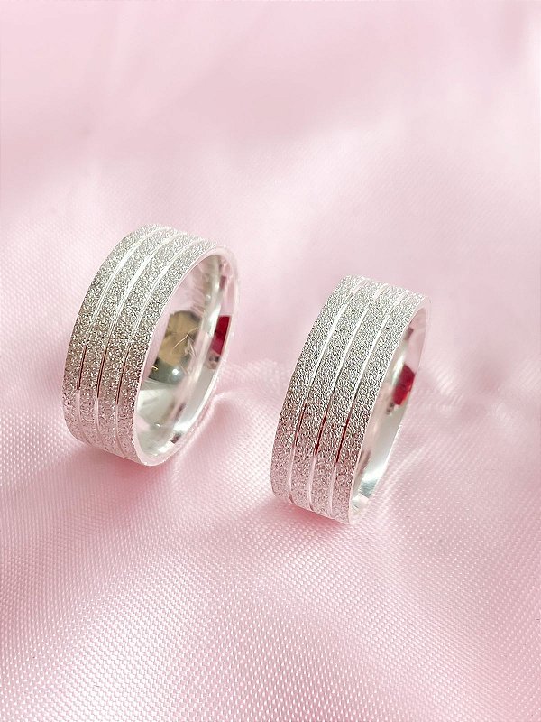 Par de Alianças 5mm Reta 3 Frisos e Diamantado Total - Prata 950