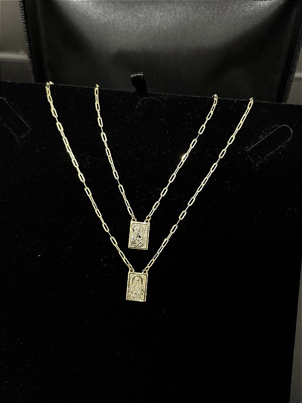Escapulário Jesus e Maria Tijolinho 60cm  - Banhada a Ouro