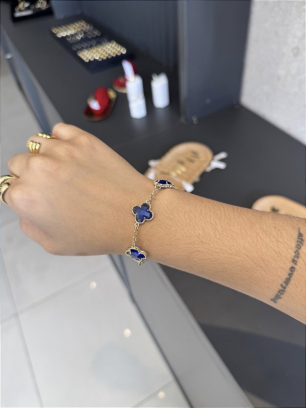 Pulseira 5 Trevos Azul 16cm + extensor - Banhado a Ouro