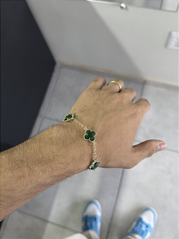 Pulseira 5 Trevos Verdes - Banhado a Ouro