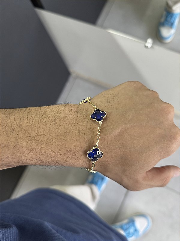 Pulseira 5 Trevos Azul - Banhado a Ouro