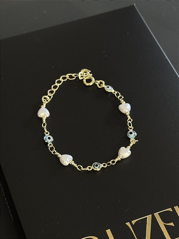 Pulseira Olho Grego Pérola - Banhado a Ouro