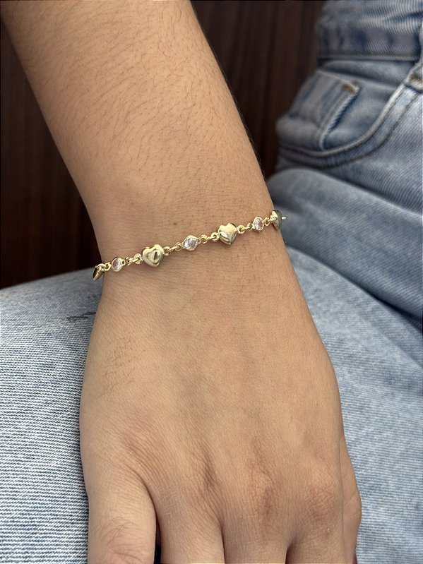 Pulseira Corações com Zircônia - Banhado a Ouro