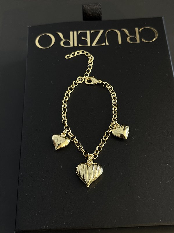 Pulseira Elo Português 3 Corações - Banhado a Ouro