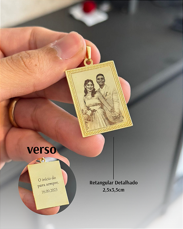 Pingente Personalizado Retangular Detalhado - Banhado a Ouro
