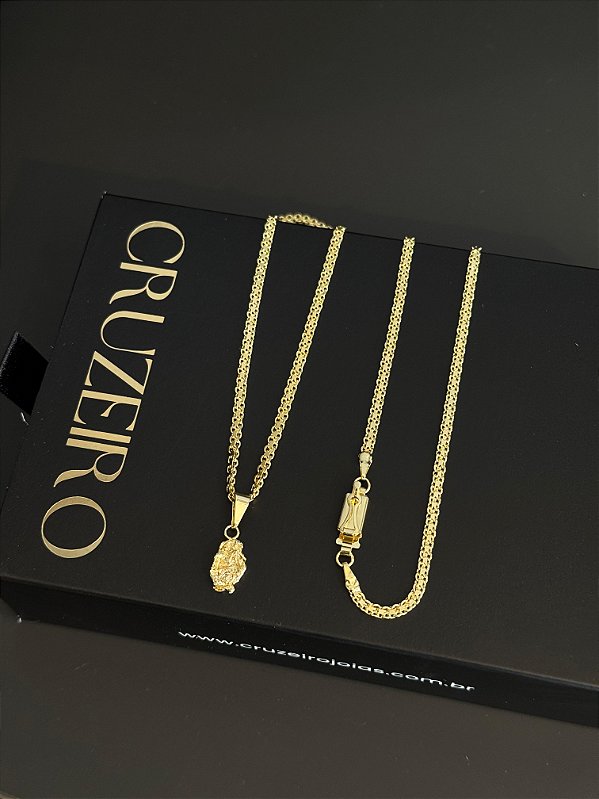 Corrente Cadeado Duplo 2,8mm 65cm + Pingente Pepita P - Banhado a Ouro