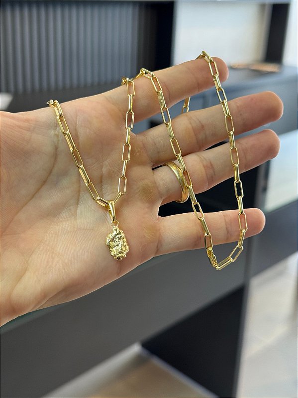 Corrente Tijolinho 3,4mm 60cm + Pingente Pepita G - Banhado a Ouro