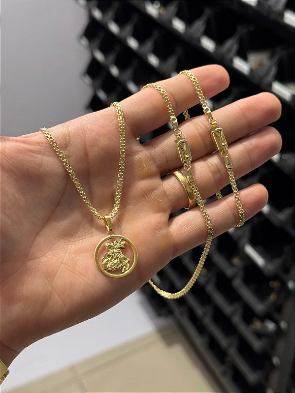 Corrente Cadeado Duplo 2,8mm 65cm + Pingente São Jorge Redondo P + Pulseira Cadeado Duplo 2,8mm 20cm