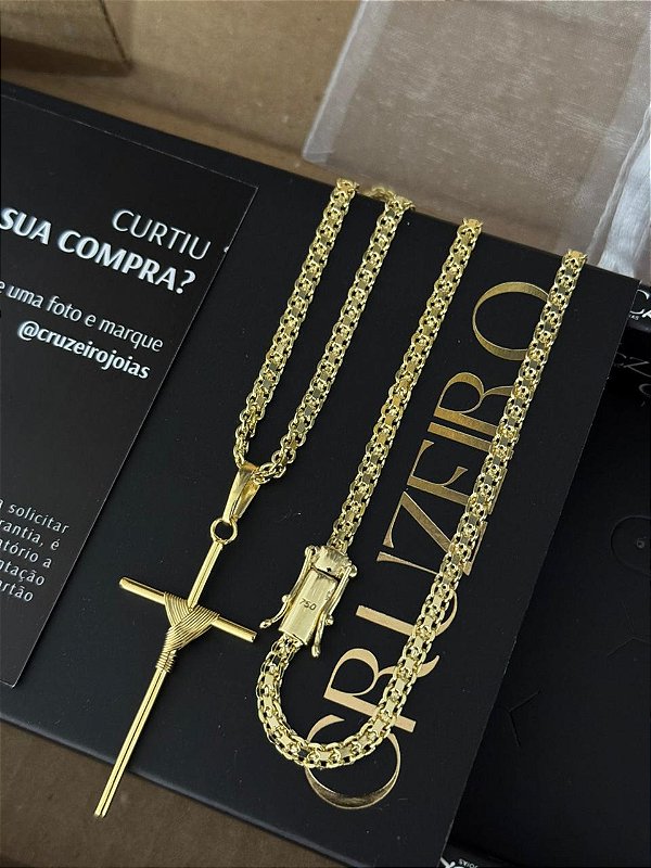 Corrente Cadeado Duplo 3,5mm FTD 60cm + Pingente Cruz Enrolada G