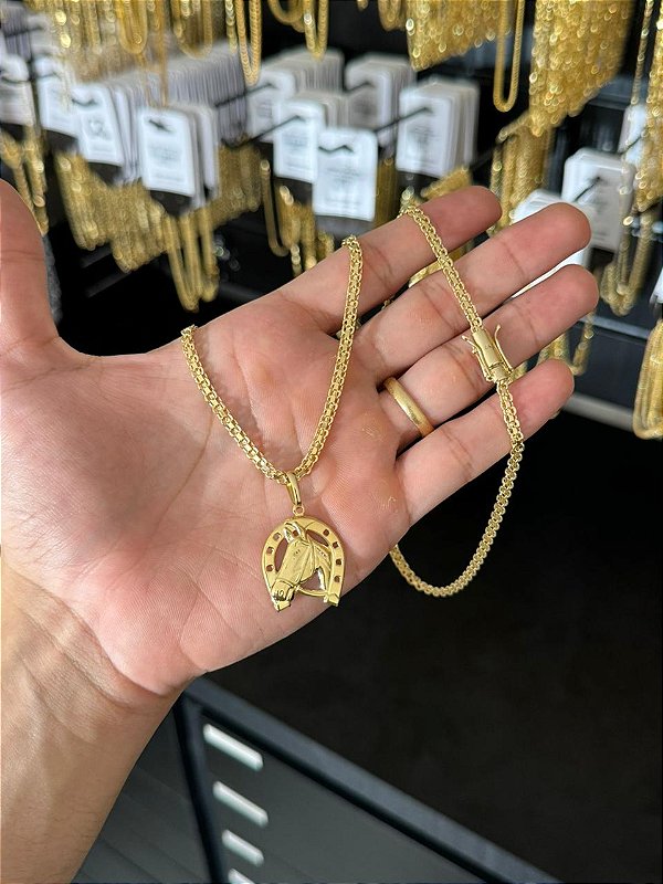 Corrente Cadeado Duplo 3,5mm 60cm + Pingente Ferradura M