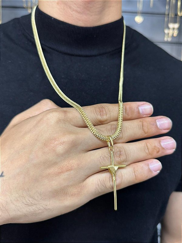 Corrente Grumet Imperador 4mm + Pingente Cruz Enrolada G - Banhada a Ouro