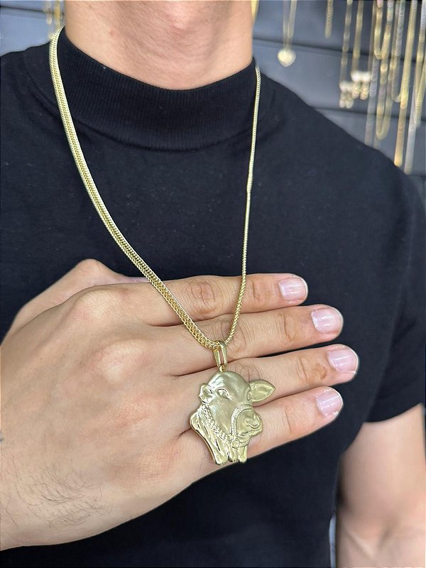 Corrente Grumet Imperador 4mm 65cm + Pingente Boi Nelore - Banhado a Ouro