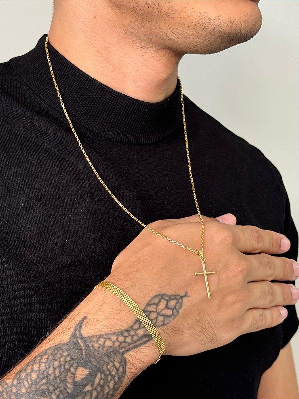 Corrente Tijolinho 1,6mm 60cm + Pingente Cruz Palito + Pulseira Esteira 5mm 21cm - Banhado a Ouro