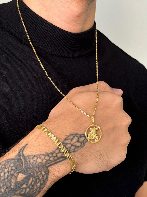 Corrente Tijolinho 1,6mm 60cm + Pingente São Jorge P + Pulseira Esteira 5mm 21cm - Banhado a Ouro