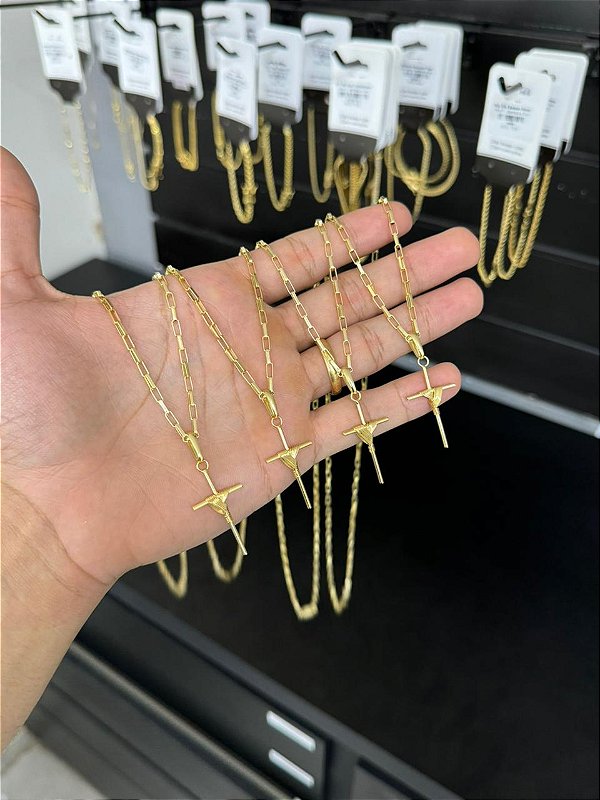 Corrente Tijolinho 2,5mm 60cm + Pingente Cruz Enrolada M - Banhado a Ouro