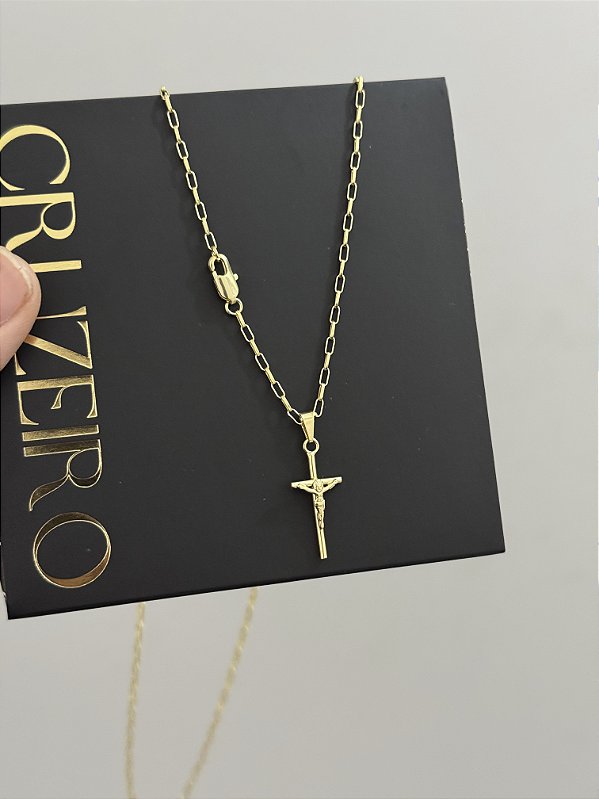 Corrente Tijolinho 1,8mm 60cm + Pingente Jesus na Cruz P - Banhado a Ouro