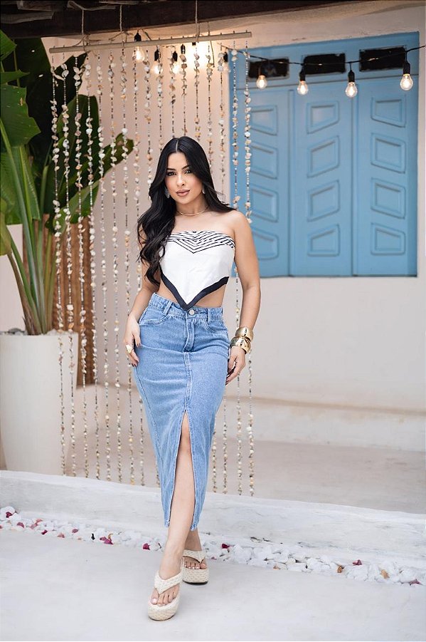 Saia Midi Jeans marmorizada