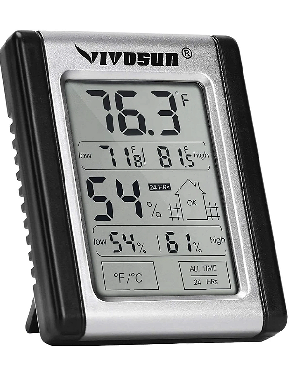 Termohigrômetro Digital VIVOSUN 3 em 1 Medição Umidade, Temperatura e Relógio Visor de Cristal Liquido
