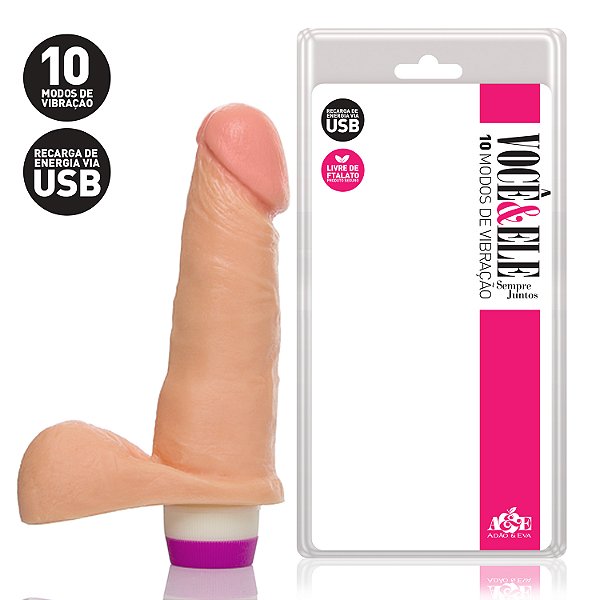 Pênis Realístico com Escroto, 10 Modos de Vibração Recarregável 16,5x4 cm Bege