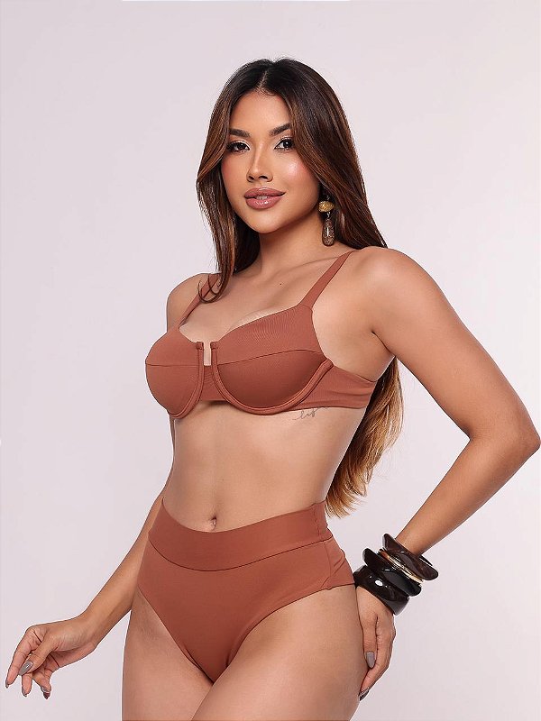 Básico Hot Pants fio duplo Conhaque