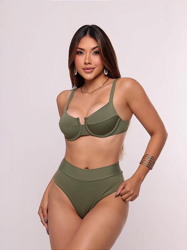 Básico Hot Pants fio duplo Verde Militar
