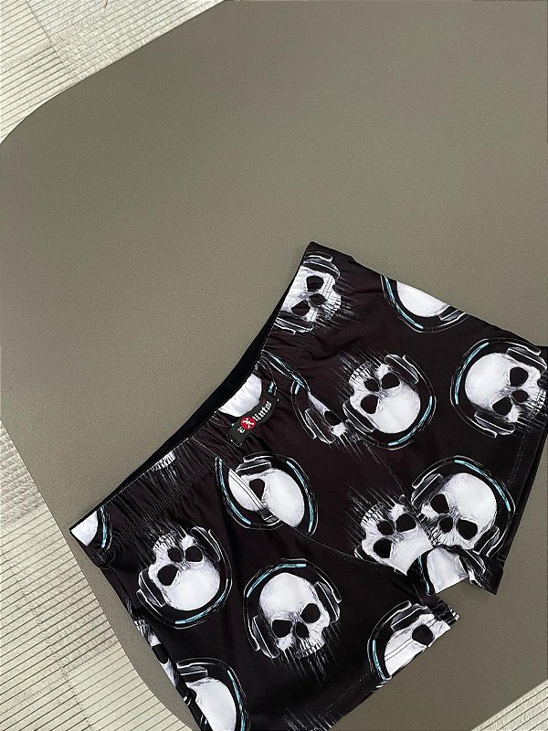 Cueca Boxer Preta Com Estampa de Caveira