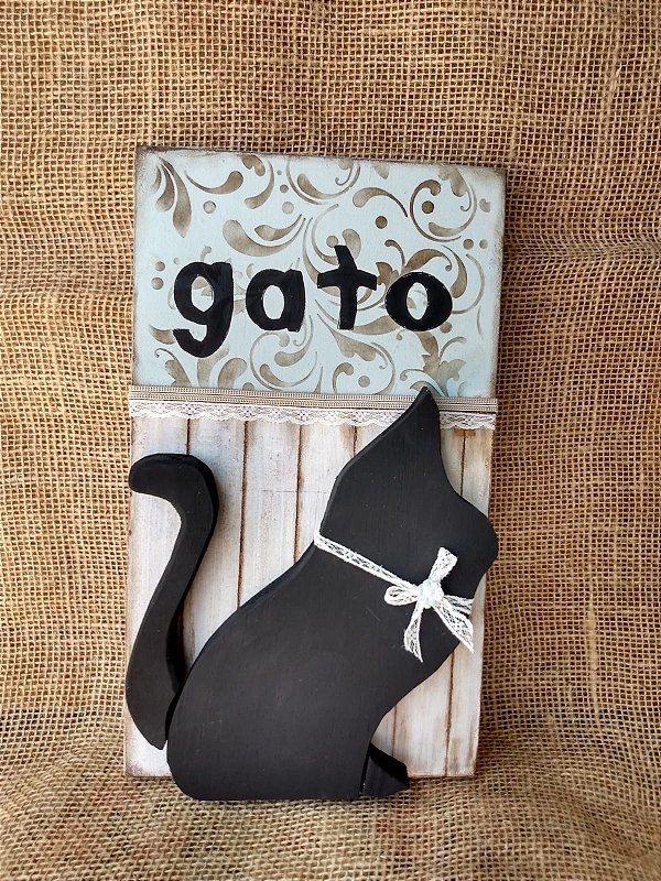 Porta Chaves de Madeira Gato Preto