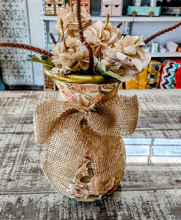 Vaso Ceramica Decoupage Flores Artesanal - Tok da Bete
