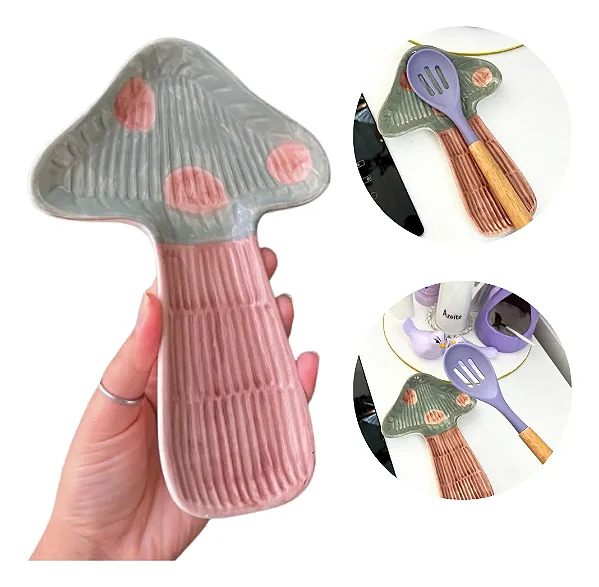 Descanso De Talher Cerâmica Suporte Cogumelo Utensílio Verde/marrom Cogumelo