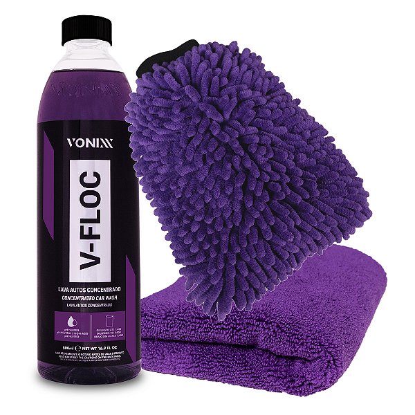 Kit de Lavagem Vonixx - V-Floc 500ml + Luva de Microfibra + Pano de Microfibra 40x40
