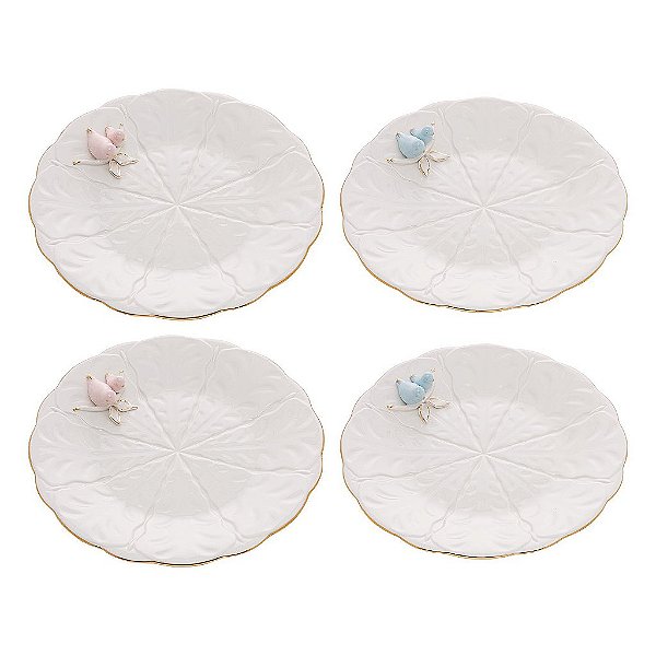 Conjunto 4 Pratos Sobremesa de Porcelana Birds 19cm - Wolff