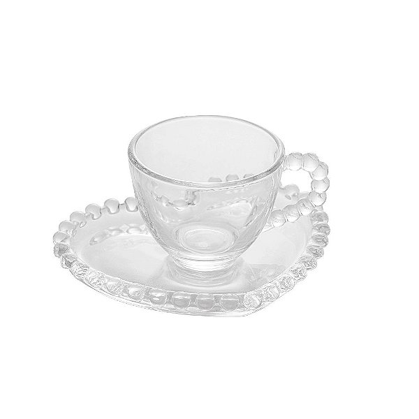 Conjunto 4 Xícaras de Café de Cristal com Pires Coração Pearl 85ml - Wolff
