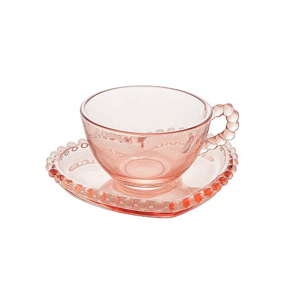 Conjunto 4 Xícaras de Chá de Cristal com Pires Coração Pearl Rosa 180ml - Wolff