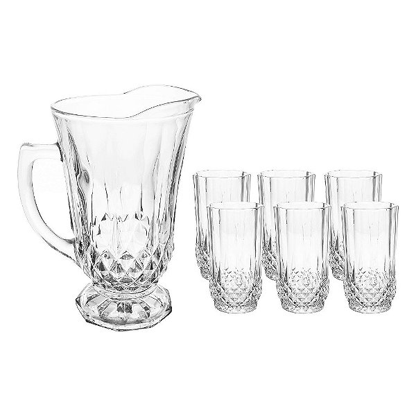 Conjunto 7 Peças Jarra com 6 Copos de Vidro Diamante 1,25L/260ml - Lyor