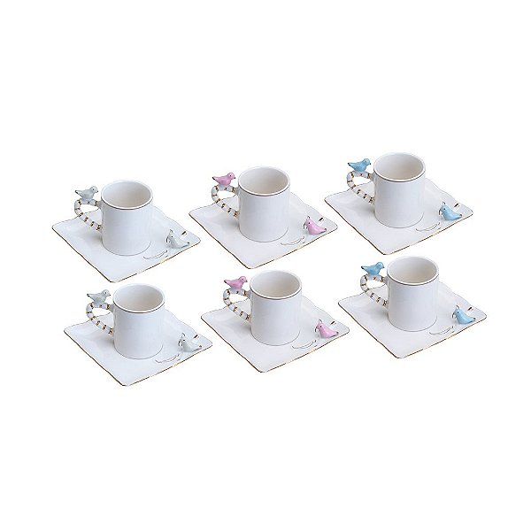 Conjunto 6 Xícaras de Café de Porcelana Birds Design Plate 80ml - Wolff