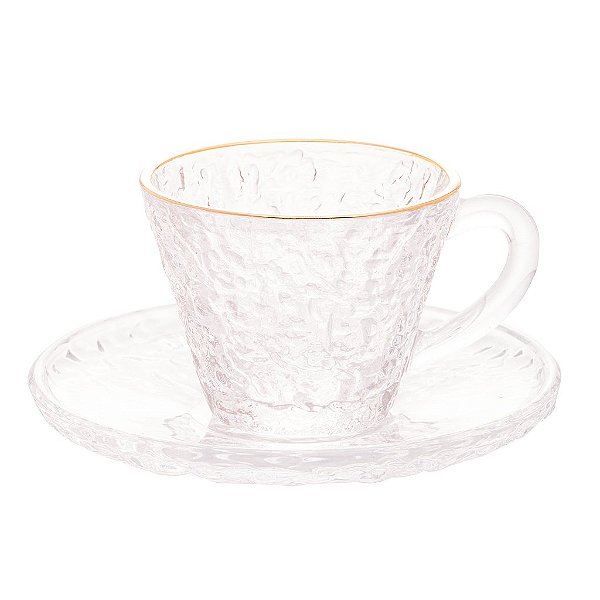 Xícara de Cristal Martelado para Café com Pires e Fio de Ouro Petra 70ml - Lyor