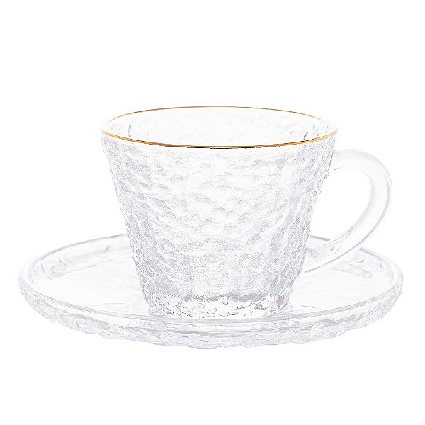 Xícara de Cristal Martelado para Chá com Pires e Fio de Ouro Petra 180ml - Lyor