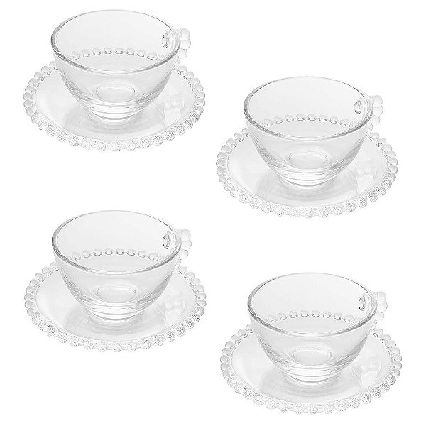 Conjunto 4 Xícaras de Chá de Cristal com Pires Pearl 180ml - Wolff