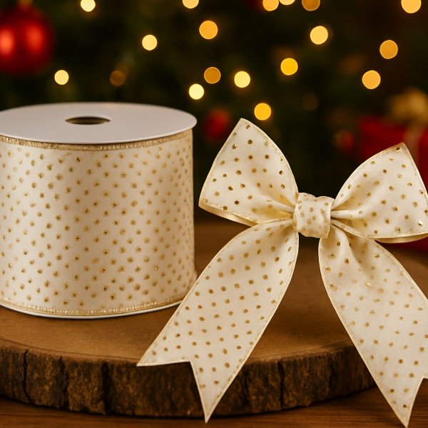 Fita Decorativa Branco com Poá em Cetim 6.3cm x 9.14m
