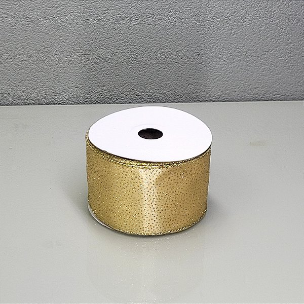 Fita Decorativa Dourado Cetim com Poá 6.3cm x 9.14m